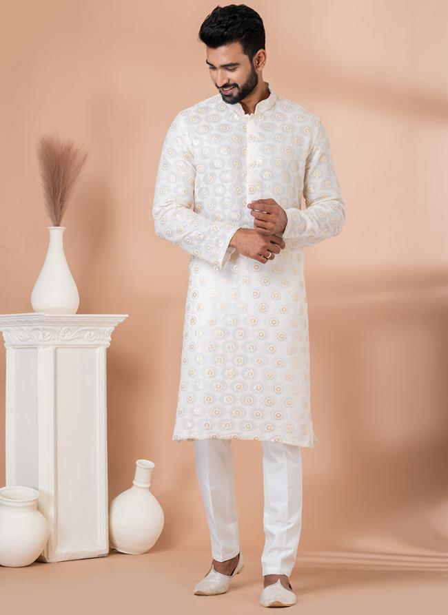 Georgette White Festival Wear Sequins Work Readymade Kurta Pajama